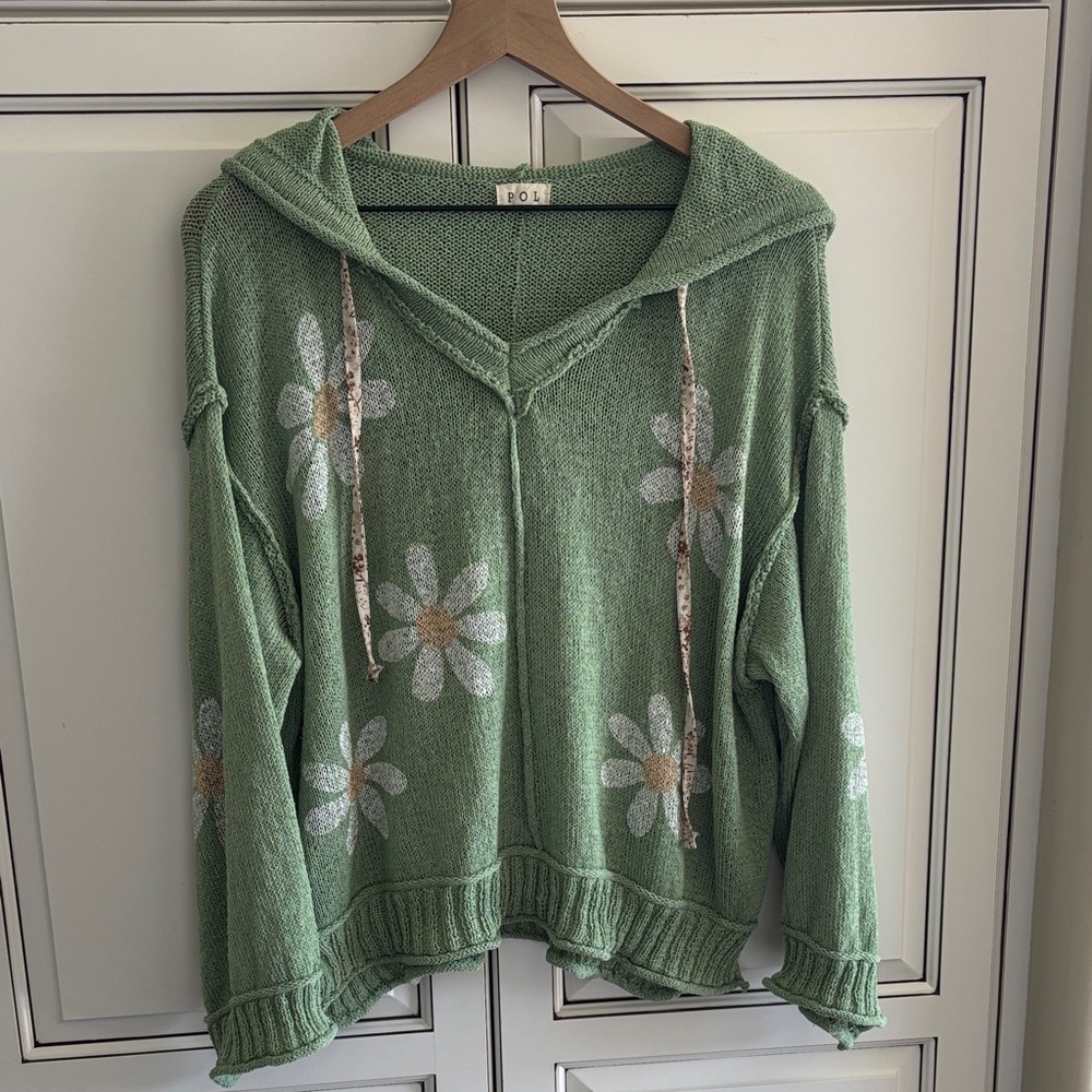 POL Daisy Floral Knit Oversized Hoodie Sweater Beach Boho Travel Women’s Small - Picture 2 of 10